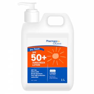Pharmacy Choice Sunscreen SPF 50+ 1 Litre Bottle Pump Dry Pump Touch