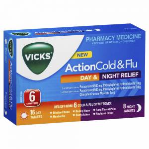 Vicks Action Cold & Flu Day & Night Relief 24 Tablets expires 08.22